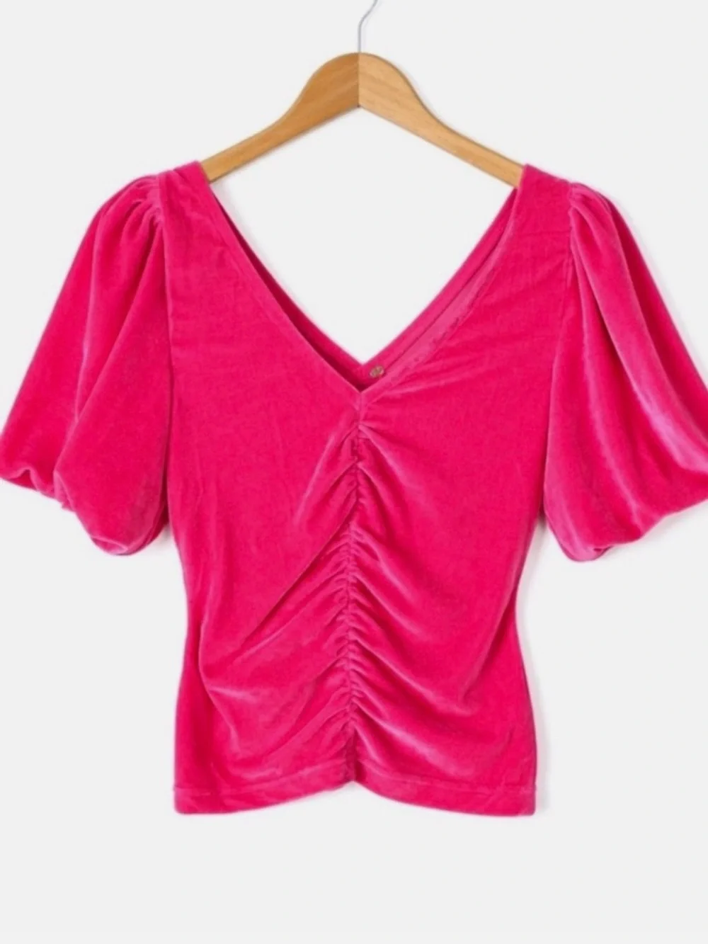 Free People Hot Pink Velvet Ruched Puff-Sleeve V-Neck Blouse
